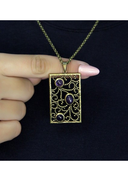 Doğal Taş Ametist 3'lü Doğal Taşlı Antik Kadın Kolye EUK45AMT