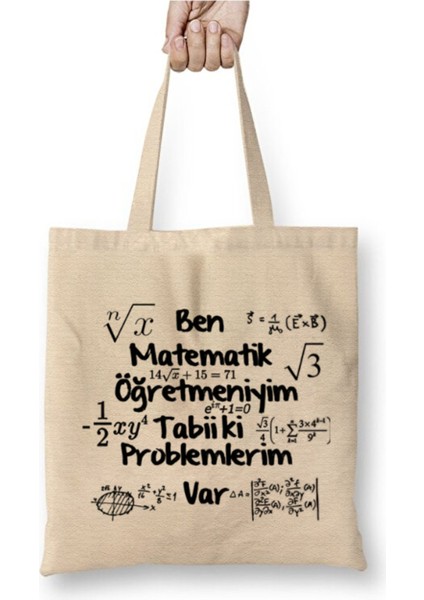 Matematik Öğretmeni Öğretmenler Günü Hediyesi Bez Çanta Uzun Saplı Alışveriş Çantası Plaj Çantası