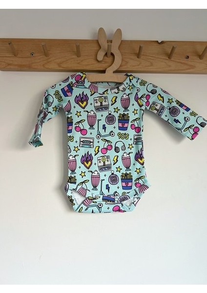 Retro 90's Kirazlı Mavi Pembe %100 Organik Pamuklu Kız Unisex Bebek Body Zıbın