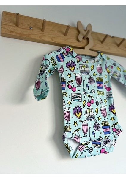 Retro 90's Kirazlı Mavi Pembe %100 Organik Pamuklu Kız Unisex Bebek Body Zıbın modelleri