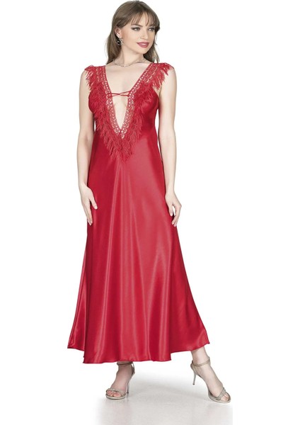 Özel Üretim Püsküllü Dantel Detaylı Uzun Şık Rahat Erotik Fantezi Saten Kadın Gecelik