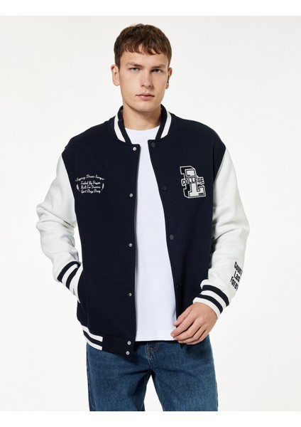 Uzun Kollu Bisiklet Yaka Cep Detaylı Nakışlı Kolej Ceket