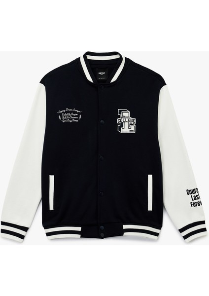 Uzun Kollu Bisiklet Yaka Cep Detaylı Nakışlı Kolej Ceket modelleri