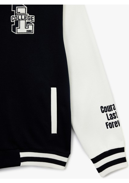 Uzun Kollu Bisiklet Yaka Cep Detaylı Nakışlı Kolej Ceket