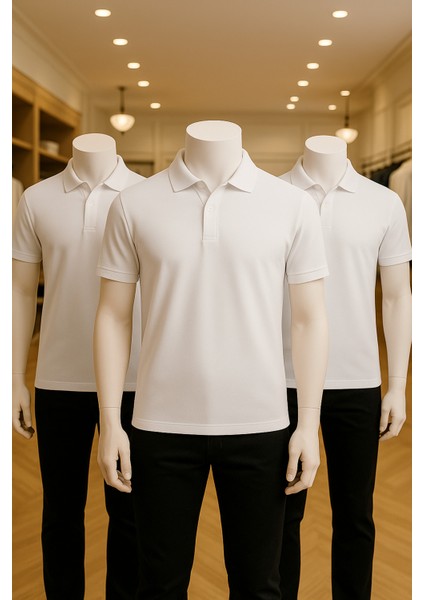 Erkek Giyim %100 Pamuklu 3 Adet Beyaz Polo Yaka Tişört LL.DINC3LU.001