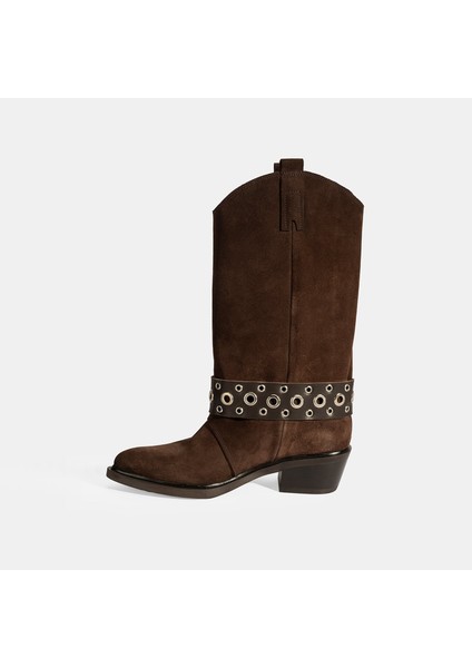 Kadın Kahve Ayarlanabilir Kemer Aksesuarlı Süet Bot modelleri