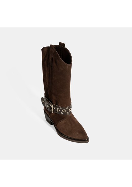 Kadın Kahve Ayarlanabilir Kemer Aksesuarlı Süet Bot indirimleri