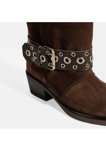 Kadın Kahve Ayarlanabilir Kemer Aksesuarlı Süet Bot