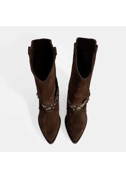 Kadın Kahve Ayarlanabilir Kemer Aksesuarlı Süet Bot