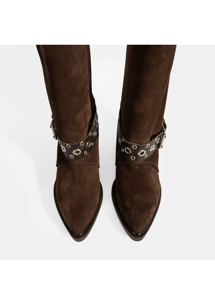 Kadın Kahve Ayarlanabilir Kemer Aksesuarlı Süet Bot