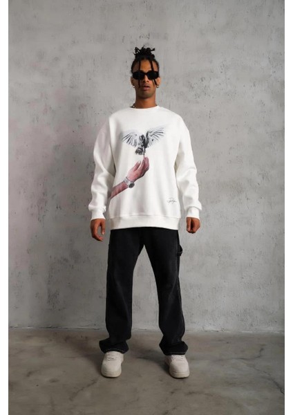 Erkek Güvercin Baskılı Sweatshirt - Beyaz modelleri