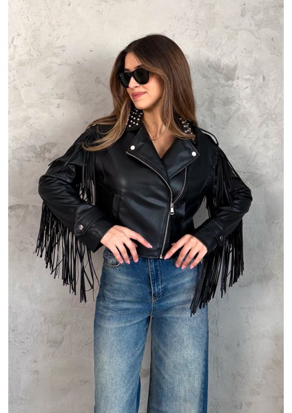 Kadın Yaka Zımbalı Deri Mont 99069