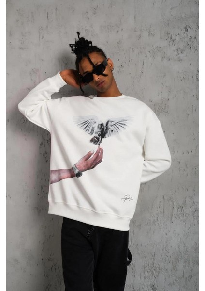 Erkek Güvercin Baskılı Sweatshirt - Beyaz fırsatları