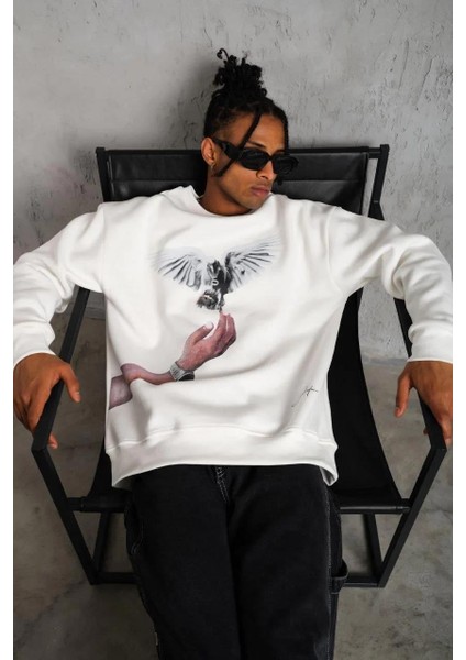 Erkek Güvercin Baskılı Sweatshirt - Beyaz indirimleri