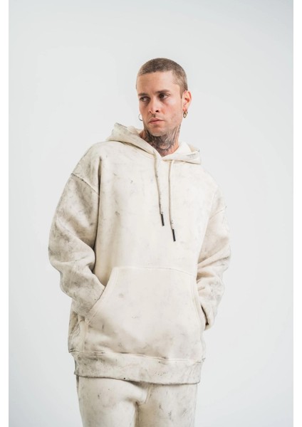 Unisex Double Oversize Kapşonlu Yıkamalı Sweatshirt - Krem indirimleri
