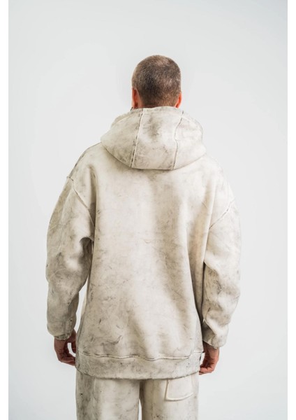 Unisex Double Oversize Kapşonlu Yıkamalı Sweatshirt - Krem