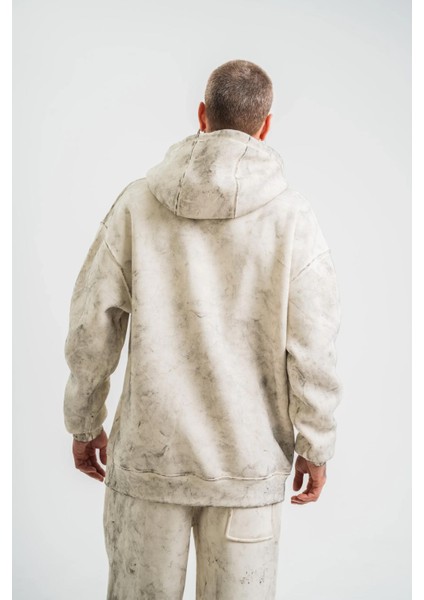 Unisex Double Oversize Kapşonlu Yıkamalı Sweatshirt - Krem