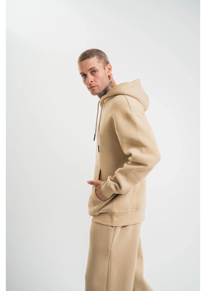 Unisex Double Oversize Kapşonlu Basic Sweatshirt - Bej fiyatları