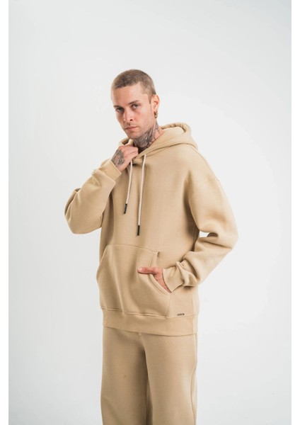 Unisex Double Oversize Kapşonlu Basic Sweatshirt - Bej modelleri