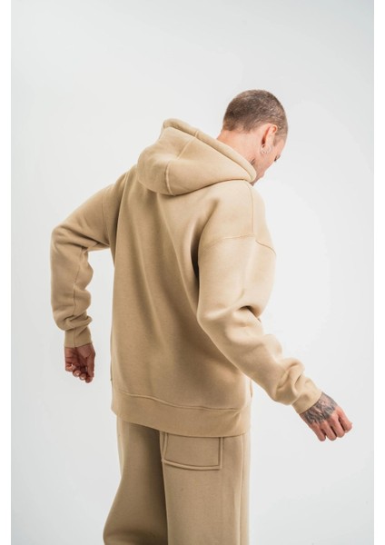 Unisex Double Oversize Kapşonlu Basic Sweatshirt - Bej