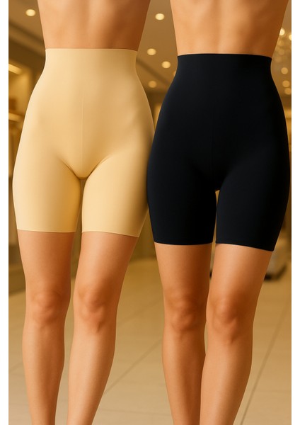 Toparlayıcı Süper Yüksek Bel Diz Üstü Lazer Kesim Siyah - Ten Rengi 2 Adet Korse OL.01.NB.9210