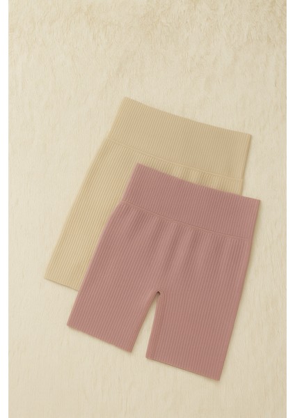 Kadın Giyim 2 Adet Taş - Mürdüm Yüksek Bel Diz Üstü Dalgıç Tayt LL.K41.O31.001