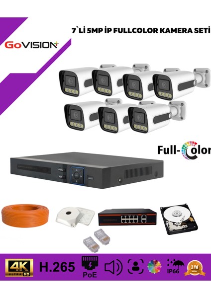 Govision Go Vision 7'li Güvenlik Ip Kamera Seti - 5mp Dış Mekan Kamera, 3.6mm Lens, H.265, Poe, Warm LED Gece Görüşlü