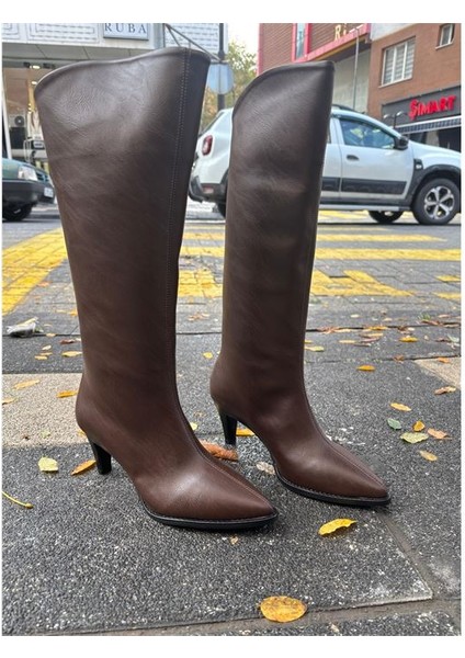 Pine Cone K211 Kadın Topuklu Fermuarsız Günlük Şık Çizme Kahve