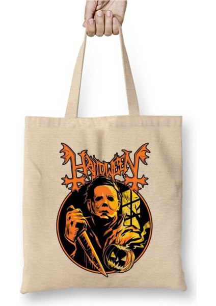 Halloween Cadılar Bayramı Michael Myers Beyaz Bez Çanta Uzun Saplı Alışveriş Çantası Plaj Çantası