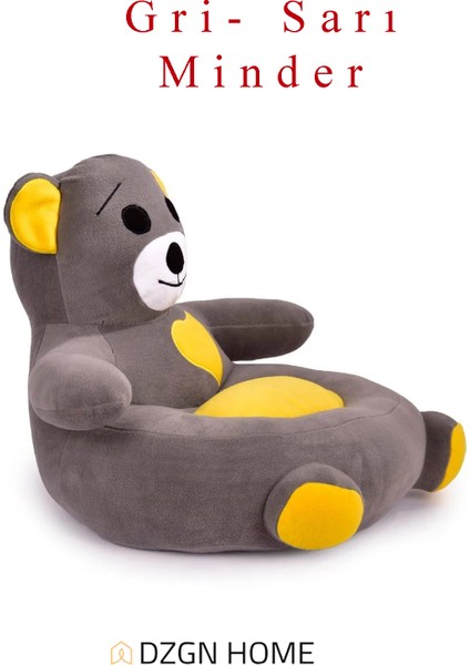Portatif Taşınabilir Pelüş Ayıcık Koltuk- Çocuk Koltuğu - Gri Sarı