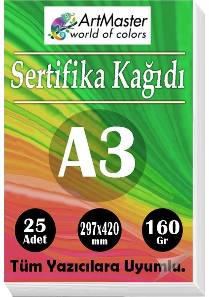 A3 Sertifika Kağıdı 25 Adet 160 Gram Kalın Fotokopi Kağıdı Tüm Yazıcılara Uyumlu 29.7X42 cm Kalın Baskı Kağıdı