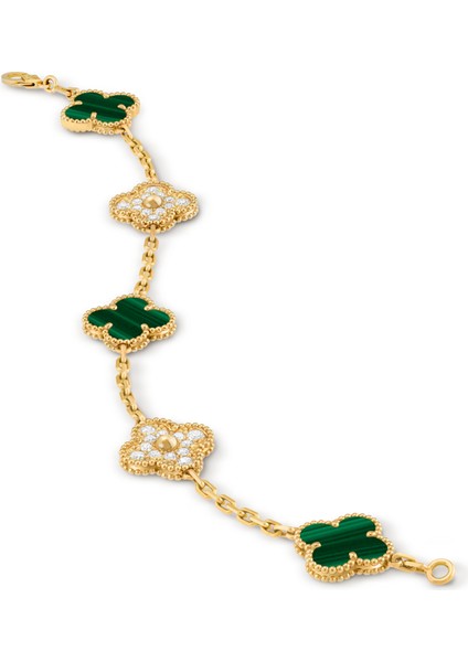 Van Cleef & Arpels Vintage Alhambra Bileklik, 5 Motif 925 Ayar Sarı Gümüş, Yeşil Malakit, Zirkon Taşlı fırsatları