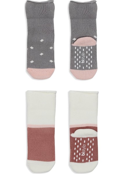 Puanlı Kaymaz Havlu Soket Çorap 2li BS10502 Gri Pudra modelleri