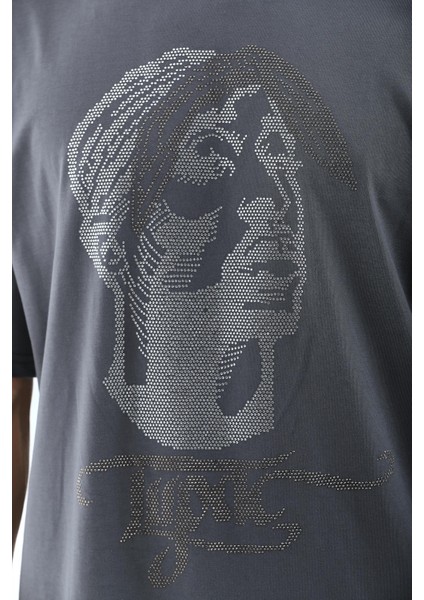 Unisex Oversize Taşlı Bisiklet Yaka T-Shirt - Füme modelleri