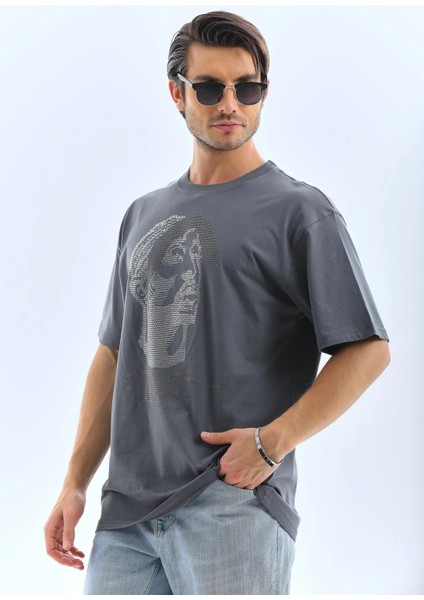 Unisex Oversize Taşlı Bisiklet Yaka T-Shirt - Füme indirimleri