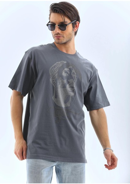 Unisex Oversize Taşlı Bisiklet Yaka T-Shirt - Füme