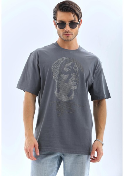 Unisex Oversize Taşlı Bisiklet Yaka T-Shirt - Füme