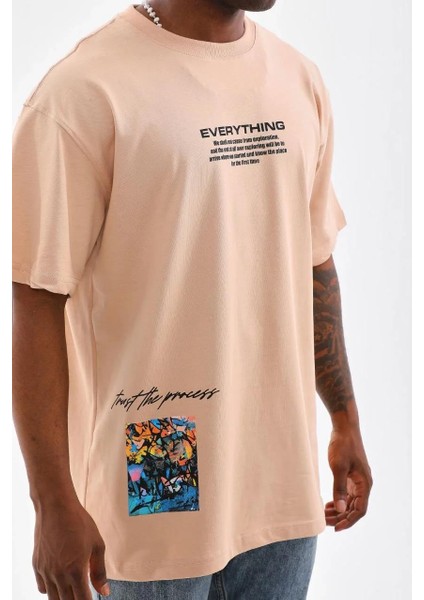 Unisex Bisiklet Yaka Baskılı Oversize T-Shirt - Bej fiyatları