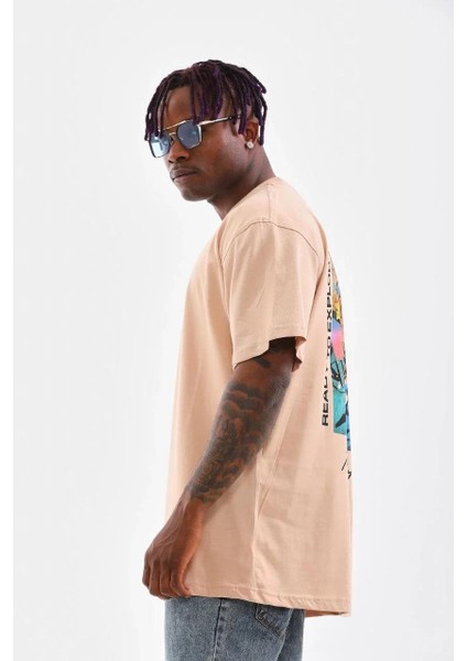 Unisex Bisiklet Yaka Baskılı Oversize T-Shirt - Bej modelleri
