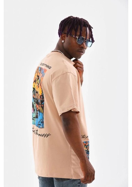 Unisex Bisiklet Yaka Baskılı Oversize T-Shirt - Bej fırsatları
