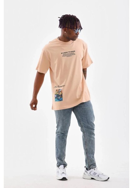 Unisex Bisiklet Yaka Baskılı Oversize T-Shirt - Bej
