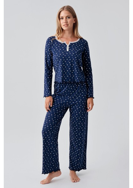 Uzun Kollu Desenli Düğmeli Esnek Pamuklu Pijama Takım 18202
