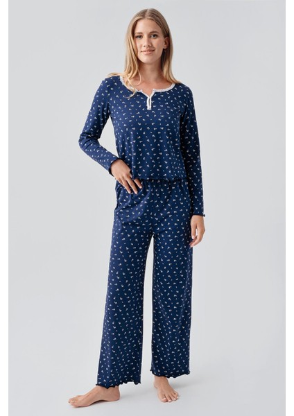 Uzun Kollu Desenli Düğmeli Esnek Pamuklu Pijama Takım 18202 fiyatları