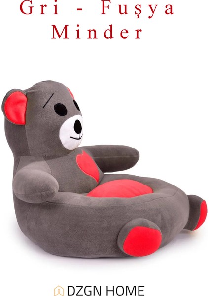 Portatif Taşınabilir Pelüş Ayıcık Koltuk- Çocuk Koltuğu - Gri Fuşya