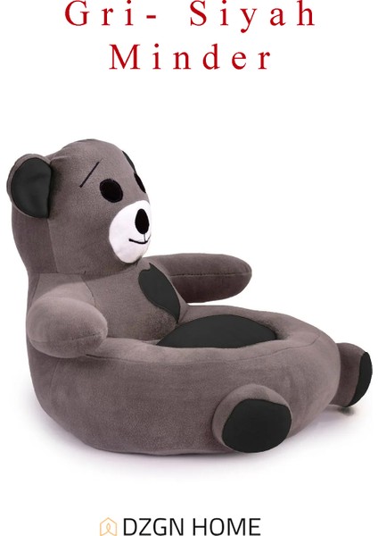 Portatif Taşınabilir Pelüş Ayıcık Koltuk- Çocuk Koltuğu - Gri Siyah