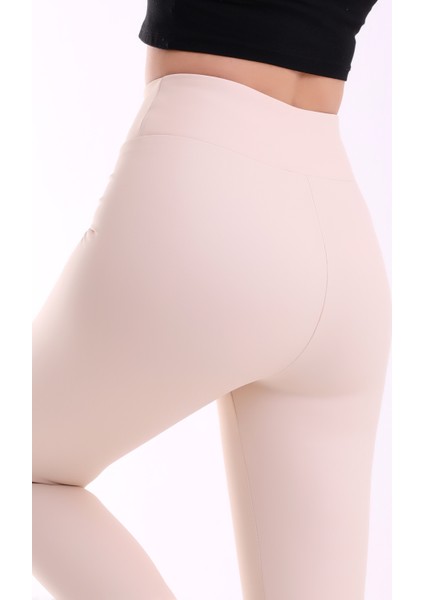 Mat Suni Deri Tayt Içi Şardonlu Yüksek Bel Deri Tayt / Matte Faux Leather Tights Ekru Deri Tayt