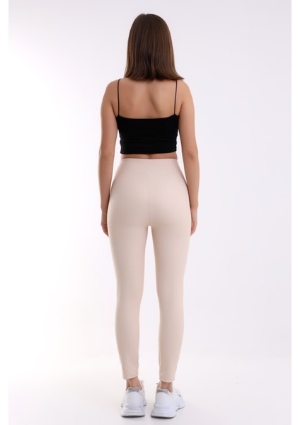 Mat Suni Deri Tayt Içi Şardonlu Yüksek Bel Deri Tayt / Matte Faux Leather Tights Ekru Deri Tayt