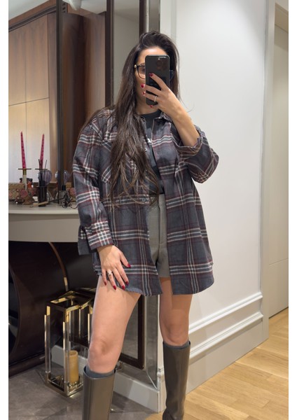 Ekose Oversize Premium Gömlek- Antrasit