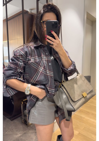 Ekose Oversize Premium Gömlek- Antrasit fırsatları