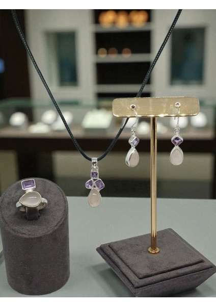 Pembe Kuvars ve Ametist Taşlı 925 Ayar Gümüş Takı Seti